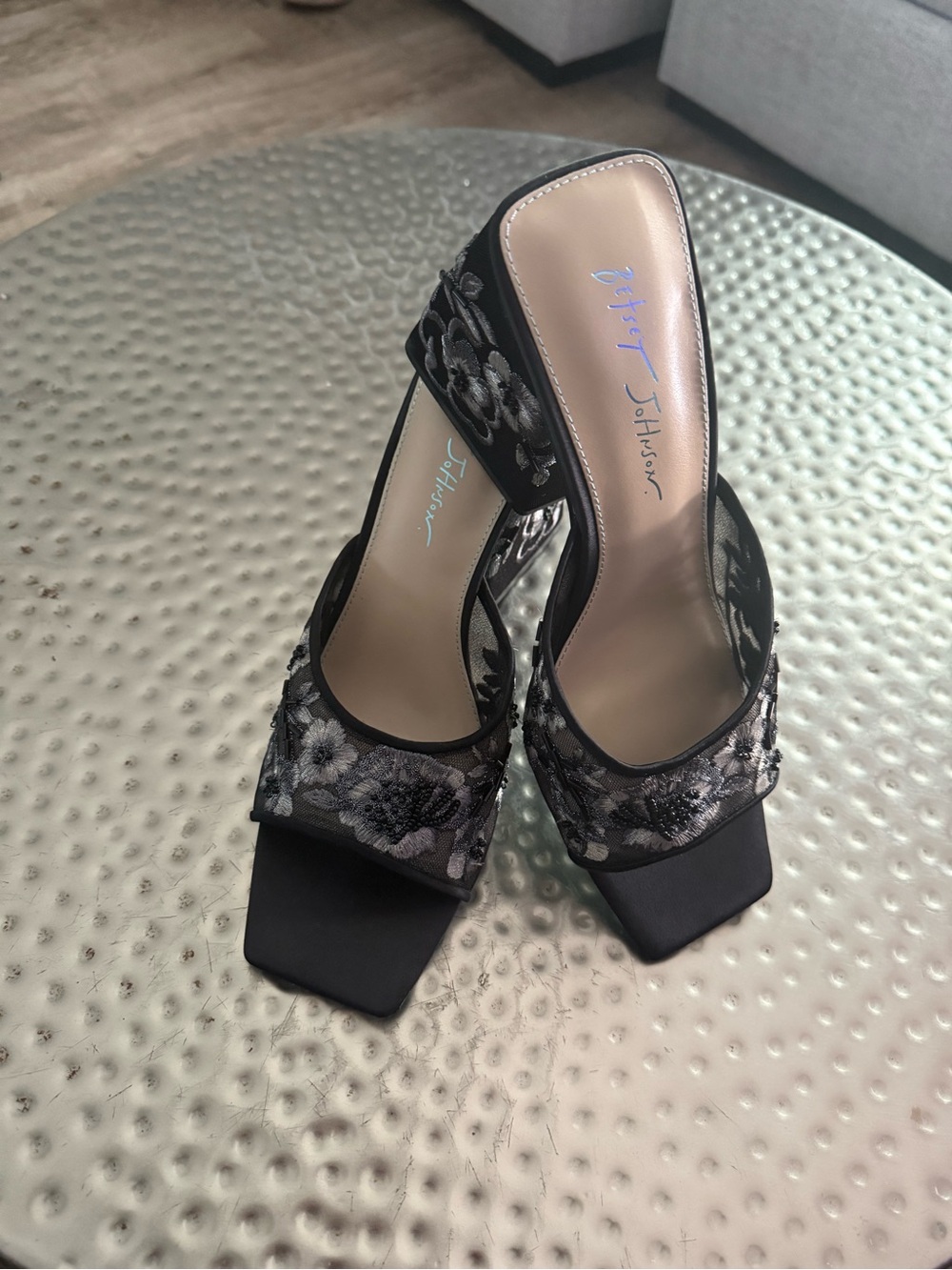 Betsey Johnson Black Floral Embroidered Slide Sandals